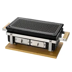 PROTECO Hibachi gril hranatý keramický na dřevěné uhlí, rošt 34,5*17cm, dřevěný podstavec