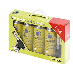 MEVA KP18004 UNI hořák piezo + 4ks kartuší KP02002, spotřeba 120g/hod