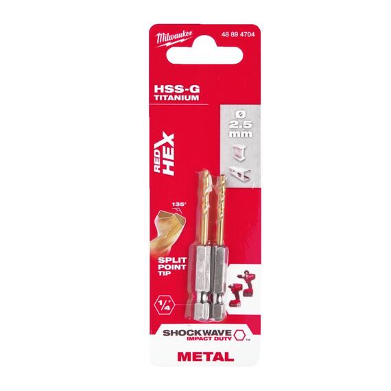 MILWAUKEE 48894704 vrták 2,5mm, šestihranná stopka, balení 2ks, HSS-G Tin, SHE Impact Duty