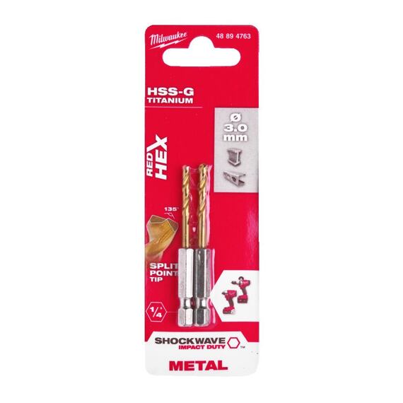 MILWAUKEE 48894763 vrták 3mm, šestihranná stopka, balení 2ks, HSS-G Tin, SHE Impact Duty