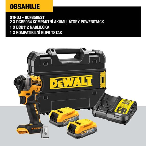 DeWalt DCF850E2T aku rázový uťahovák 18V/2*1,7Ah, 205Nm, 1/4",  POWERSTACK, TSTAK