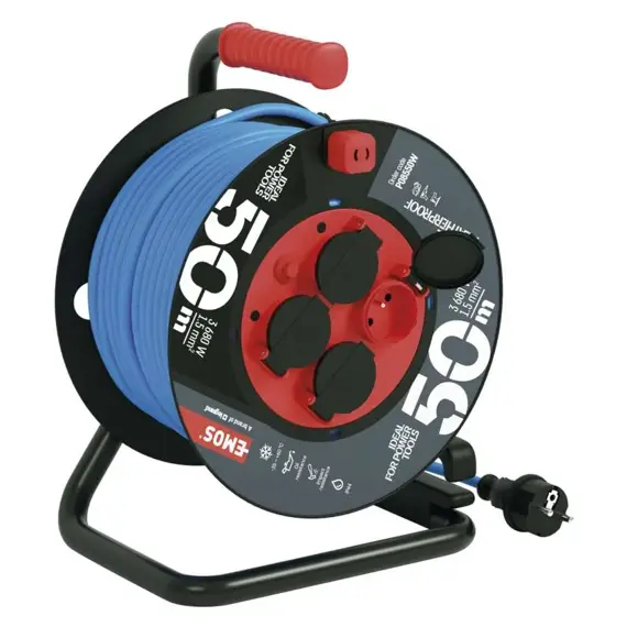 EMOS kabel 230V prodlužovací 50m/4Z SILIKON modrý, NEMRZNOUCÍ, 3*1,5mm buben IP44 P08550W