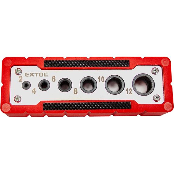 EXTOL Premium vrtací vodící šablona 2-4-6-8-10-12mm, středový úkos pro vrtání na hranu