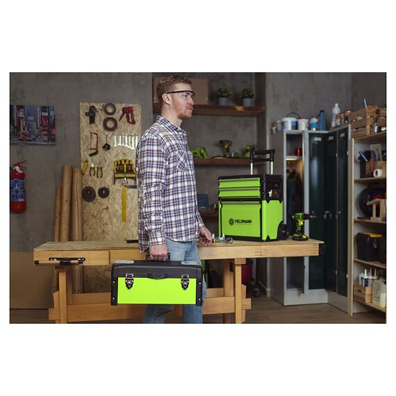 FIELDMANN FDN 4150 box na náradie kovový, výklopný + zásuvky, kolieska