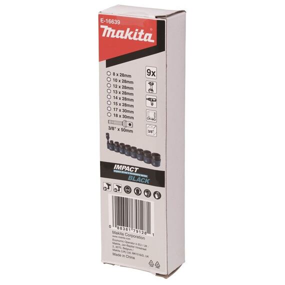MAKITA E-16639 sada nástrčných klíčů 3/8", 4-hran, IMPACT BLACK 8-dílná