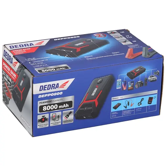 DEDRA powerbanka se startem motoru 8Ah, start.proud 250A, špičkový 1200A, DEPP0800
