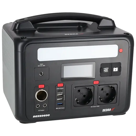 DEDRA DEZS0600 nabíjecí stanice/powerbanka 600/1200W, 640Wh, LiFePO4, 2*230V, DC 10-14,4V/10A