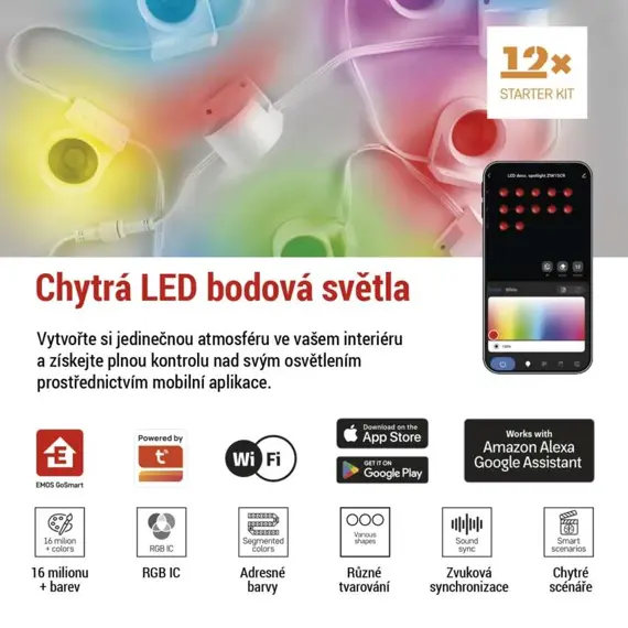 EMOS GoSmart LED bodové svítidlo - řetěz 255 cm, 12 dílů, 7 W, RGBIC+CCT, stmívatelné, WiFi, ZIW15CR