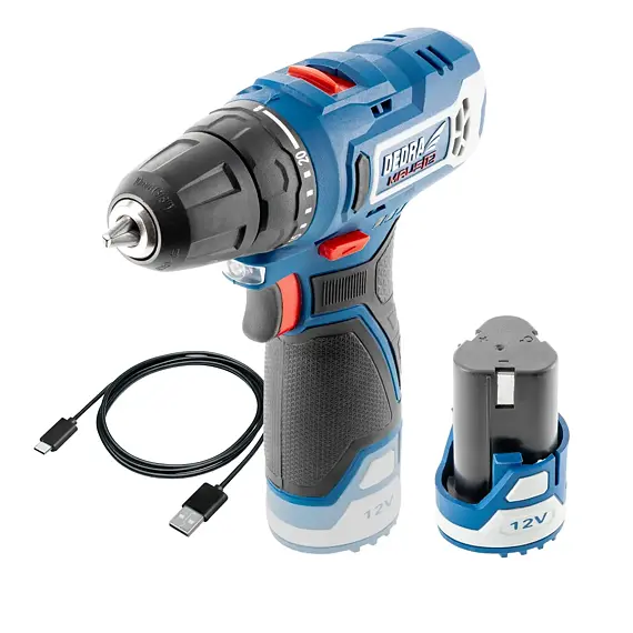 DEDRA aku vrtačka 12V/2Ah, 32Nm, 0-400/1300 ot./min., nabíjecí kabel USB-C, DED7310T01