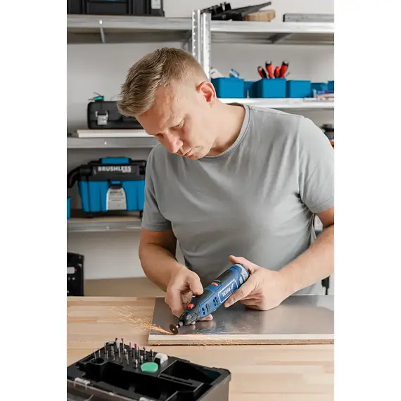 DEDRA aku mini bruska 12V, 5000-25000 ot./min., příslušenství 47ks, bez baterie, DED7340Z1