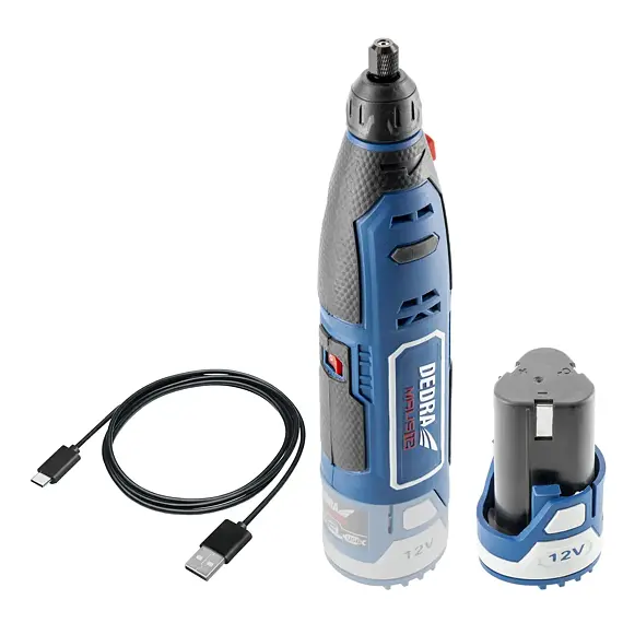 DEDRA aku mini bruska 12V/2Ah, 5000-25000 ot./min., příslušenství 47ks, kabel USB-C, DED7310T10