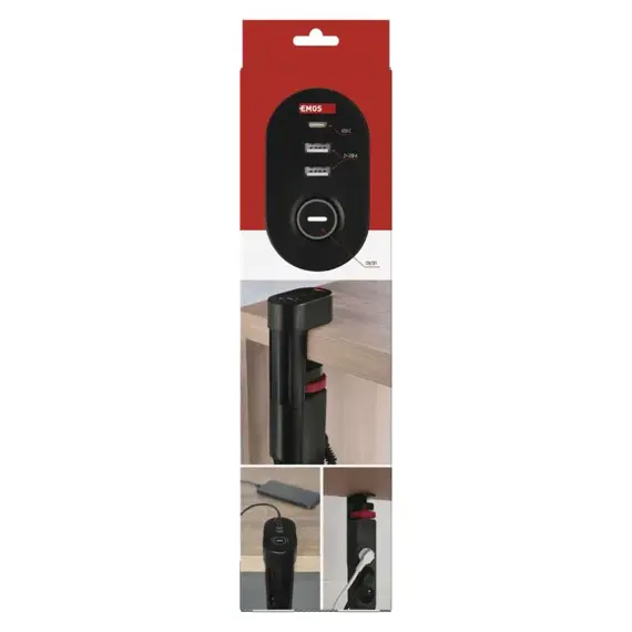 EMOS prodlužovací kabel 1,5m, 3 zásuvky, vypínač, uchycení na stůl, USB, černý, PVC, 1,5mm2 P1311PD