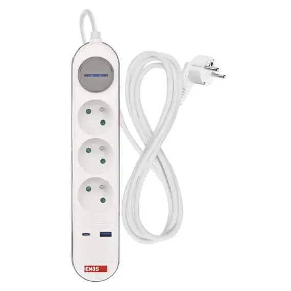 EMOS prodlužovací kabel 2m, 3 zásuvky s vypínačem, bílo-šedý, 1*USB-A, 1*USB-C, 1,5 mm2, P1312FC