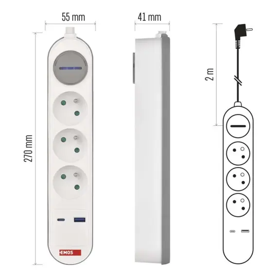 EMOS prodlužovací kabel 2m, 3 zásuvky s vypínačem, bílo-šedý, 1*USB-A, 1*USB-C, 1,5 mm2, P1312FC