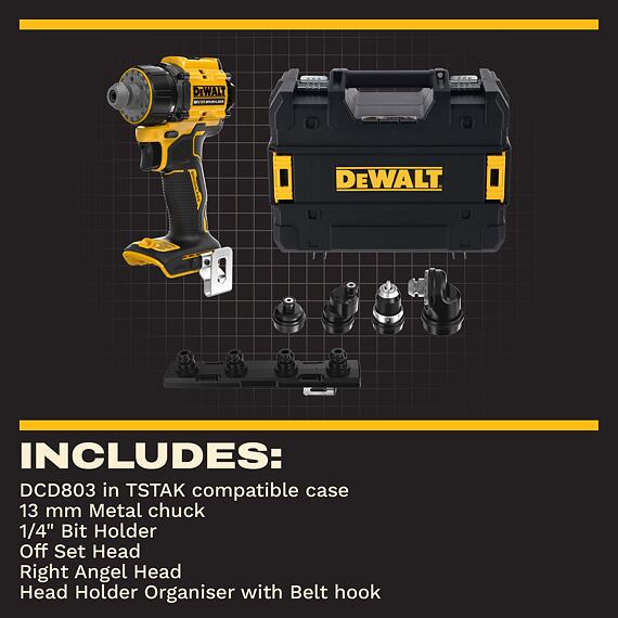 DeWalt DCD803NT aku bezuhlíková příklepová vrtačka a 4 výměnné hlavy 18V, 73Nm, kufr TSTAK, bez aku