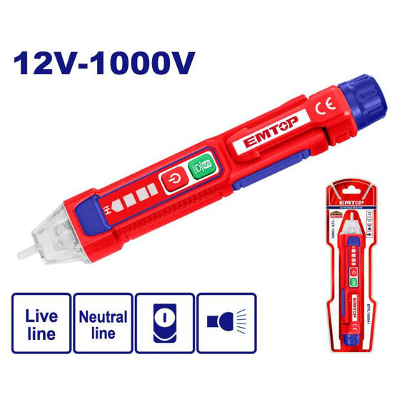 EMTOP ETPL100091 detektor napětí bezkontaktní 12V-1000V AC/DC, zvukový a světelný alarm