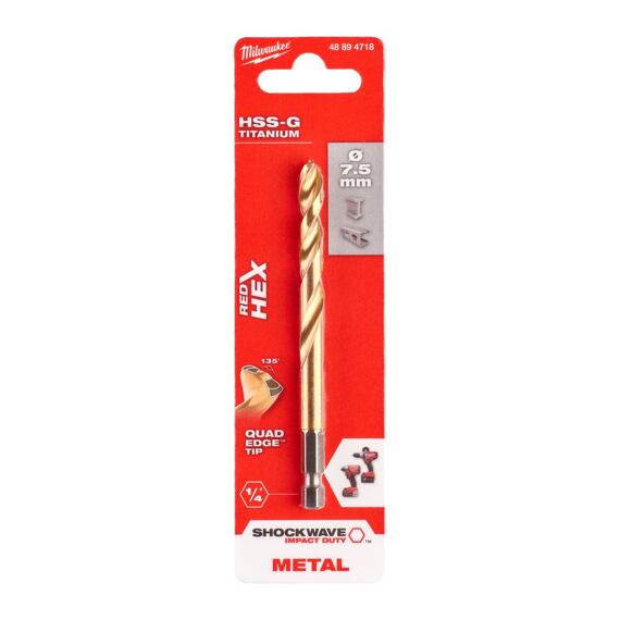 MILWAUKEE 48894718 vrták 7,5mm, šestihranná stopka, HSS-G Tin, SHE Impact Duty