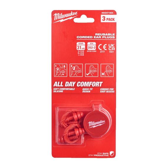 MILWAUKEE 4932471904 silikonové chrániče sluchu - špunty do uší se šňůrkou, útlum 32dB, EN352-2