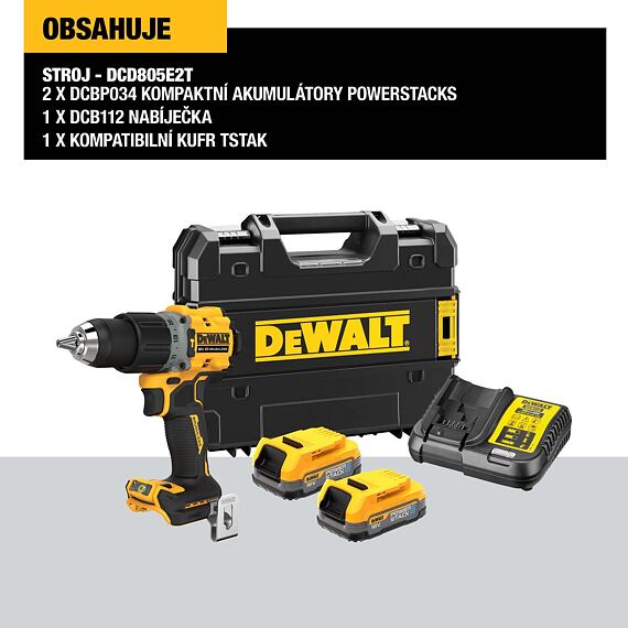 DeWalt DCD805E2T aku bezuhlíková príklepová vŕtačka 18V/2*1,7Ah POWERSTACK, 90Nm, kufrík TSTAK