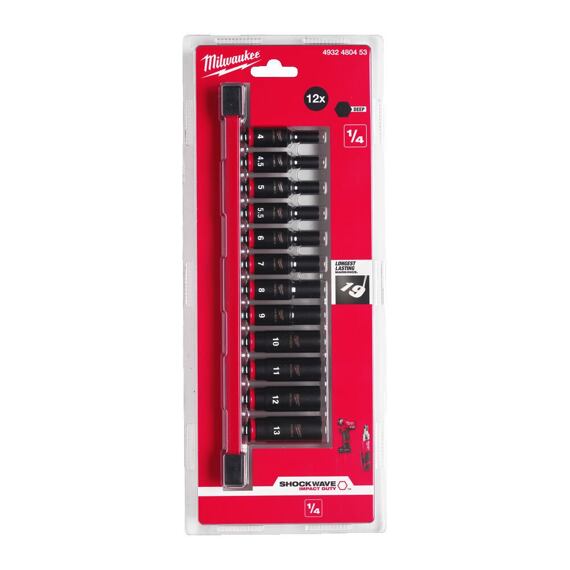 MILWAUKEE 4932480453 súprava hlavíc 1/4", priemyslové, predĺžené, 4-13mm, na lište, SHOCKWAVE