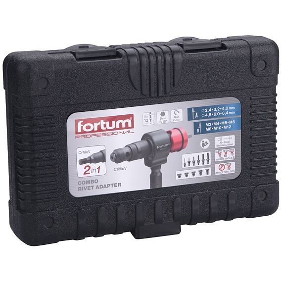 FORTUM adaptér nýtovací na vrtačku COMBO, matice M3-M12 + nýty 2,4-6,4mm, AL,Fe,Cu,Nerez, 4770667