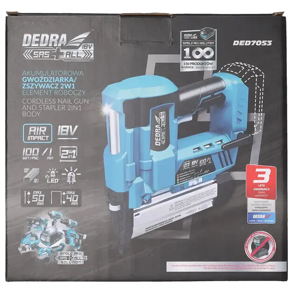 DEDRA aku hřebíkovačka 2v1, hřebíky 50mm, sponky max 40*6mm, bez baterie, DED7053
