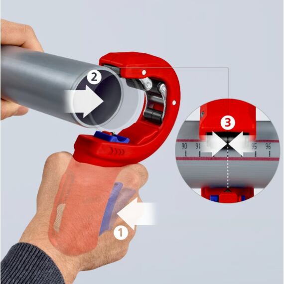 KNIPEX DPT50 řezák plastových trubek pr.35-50mm, síla stěny 2,5-3,5mm, čistý řez bez otřepů 902302BK