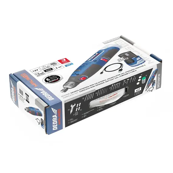 DEDRA aku mini bruska 12V/2Ah, 5000-25000 ot./min., příslušenství 47ks, kabel USB-C, DED7310T10