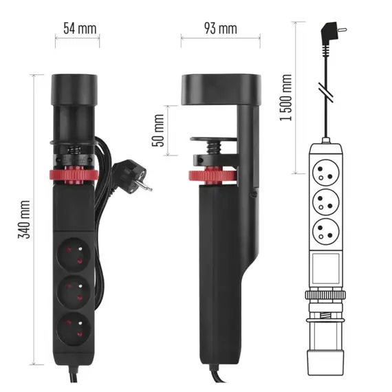 EMOS prodlužovací kabel 1,5m, 3 zásuvky, vypínač, uchycení na stůl, USB, černý, PVC, 1,5mm2 P1311PD