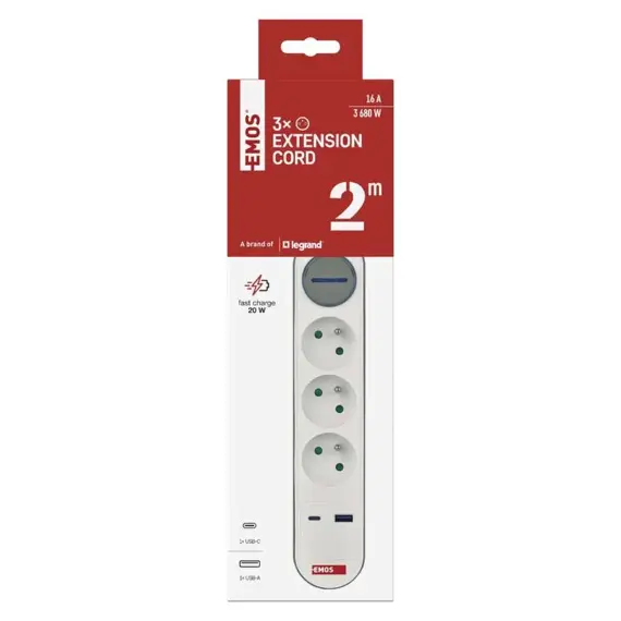 EMOS prodlužovací kabel 2m, 3 zásuvky s vypínačem, bílo-šedý, 1*USB-A, 1*USB-C, 1,5 mm2, P1312FC