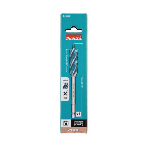 MAKITA E-26668 vrták do dřeva 18*165mm, čtyřbřitý, stopka šestihran 1/4"  i pro rázové utahováky