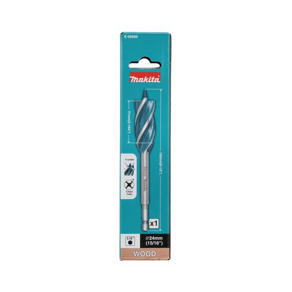 MAKITA E-26680 vrták do dřeva 24*165mm, čtyřbřitý, stopka šestihran 1/4" i pro rázové utahováky