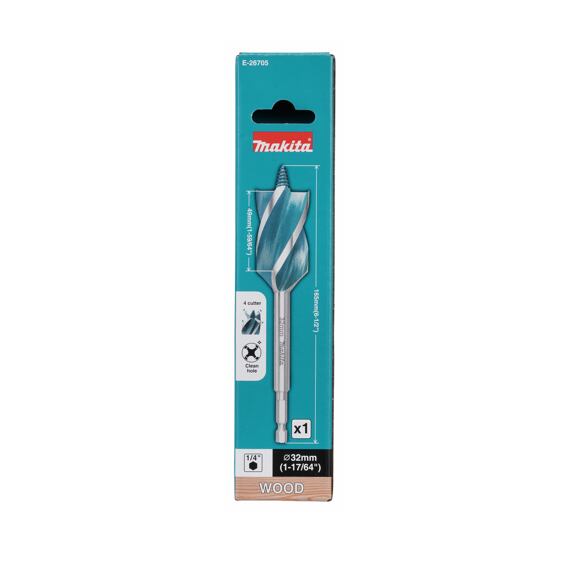 MAKITA E-26705 vrták do dřeva 32*165mm, čtyřbřitý, stopka šestihran 1/4" i pro rázové utahováky