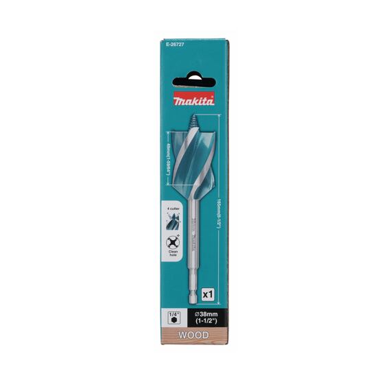 MAKITA E-26727 vrták do dřeva 38*165mm, čtyřbřitý, stopka šestihran 1/4" i pro rázové utahováky