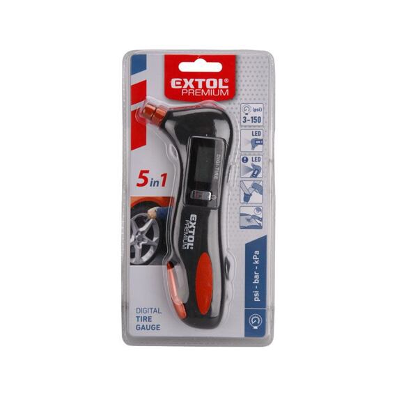 EXTOL Premium pneumerač digitálny EMERGENCY 5v1, LED svetlo výstražné, kladivko, rezák, 8863050 