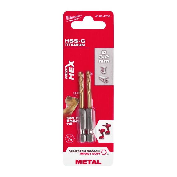 MILWAUKEE 48894706 vrták 3,2mm, šestihranná stopka, HSS-G Tin, SHE Impact Duty 2ks