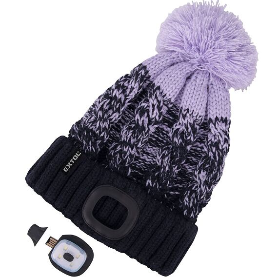 EXTOL Light čepice s čelovkou 4*45lm, nabíjecí, USB, tm. modrá/fialová s bambulí, uni velikost 43466
