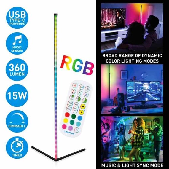 GRUNDIG lampa LED stojací rohová s ovládáním RGB + bílá, nabíjení USB, 360lm, ED-223503