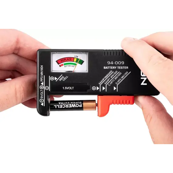 NEO tester baterií a akumulátorů 1,5V - 9V, včetně knoflíkových baterií, 94-009