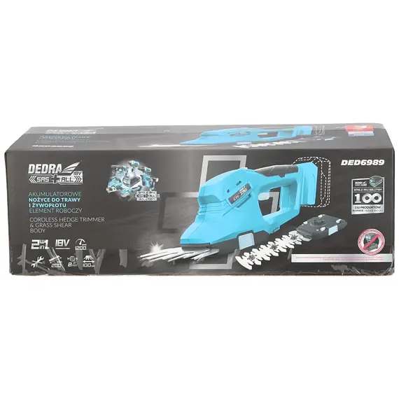 DEDRA aku nůžky na trávu 100mm, živé ploty 200mm, 18V bez baterie, SAS+ALL DED6989