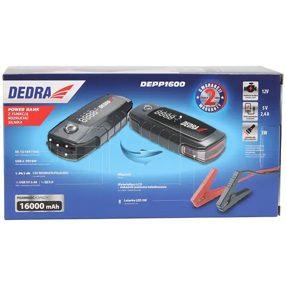 DEDRA powerbanka se startem motoru 16Ah, start.proud 800A, špičkový 1600A, DEPP1600