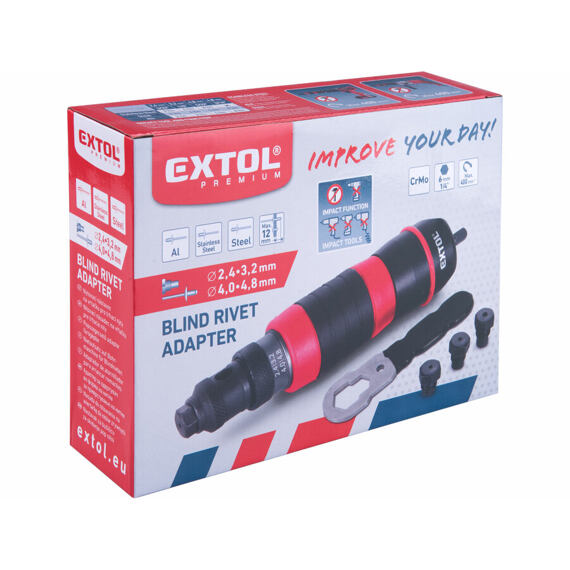 EXTOL Premium nýtovací adaptér na vrtačku pro trhací nýty 2,4-4,8mm, nerez 4mm, 400 ot./min 8813752