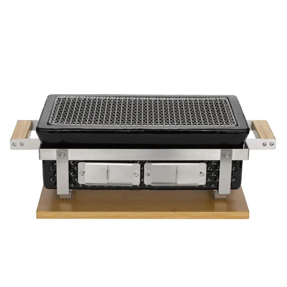 PROTECO Hibachi gril hranatý keramický na dřevěné uhlí, rošt 34,5*17cm, dřevěný podstavec