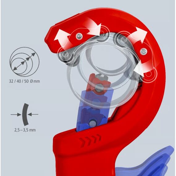 KNIPEX DPT50 řezák plastových trubek pr.35-50mm, síla stěny 2,5-3,5mm, čistý řez bez otřepů 902302BK