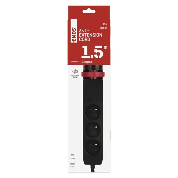 EMOS prodlužovací kabel 1,5m, 3 zásuvky, vypínač, uchycení na stůl, USB, černý, PVC, 1,5mm2 P1311PD