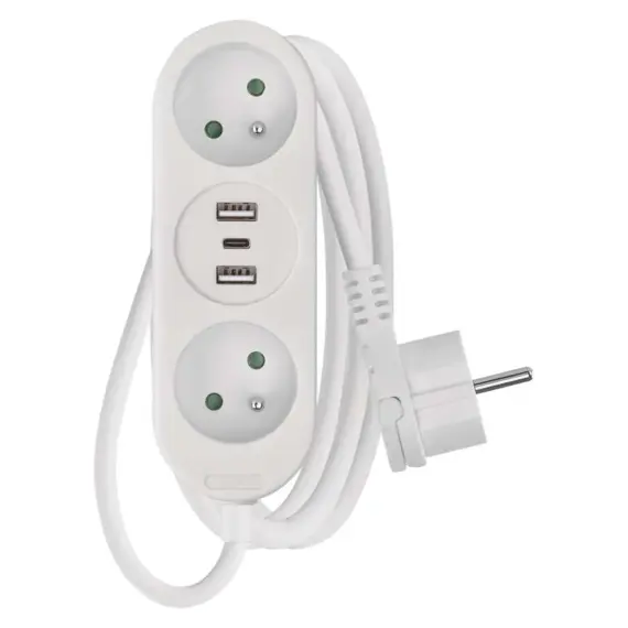 EMOS prodlužovací kabel 2 m, 2 zásuvky, 2*USB-A, 1*USB-C, bílý, PVC, 1 mm2 , P0212U