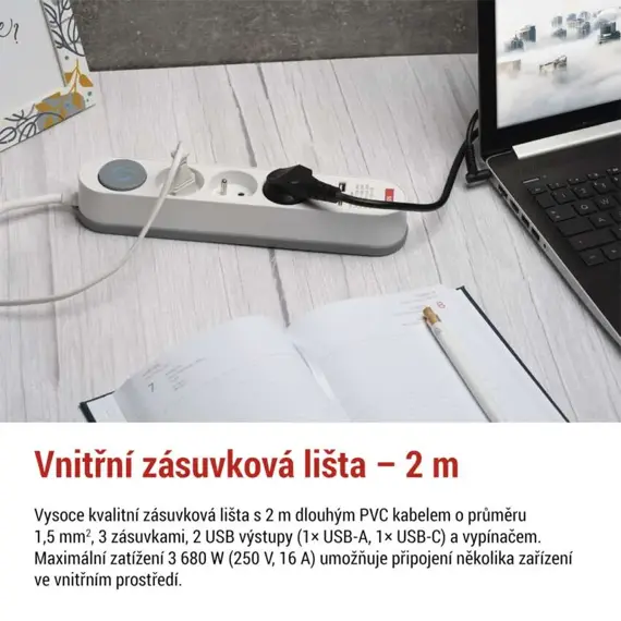 EMOS prodlužovací kabel 2m, 3 zásuvky s vypínačem, bílo-šedý, 1*USB-A, 1*USB-C, 1,5 mm2, P1312FC