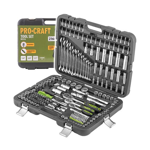 PROCRAFT WS216 gola sada 216-dílná, 1/4"+3/8"+1/2", očkoploché klíče