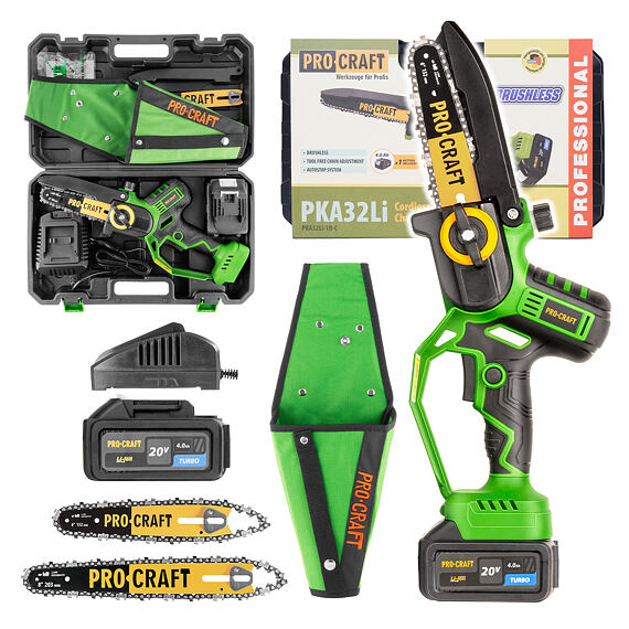 PROCRAFT PKA32Li-P aku ruční řetězová pilka 20V/4Ah, lišty 152+203mm, bezuhlíkový motor, POUZDRO