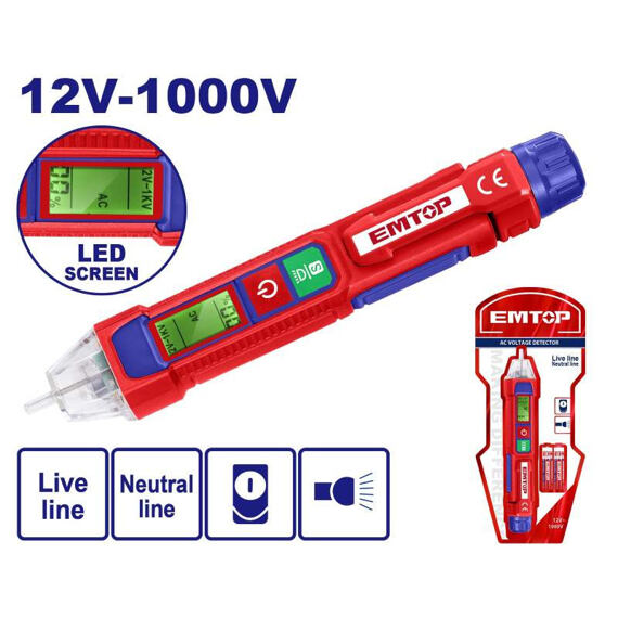 EMTOP ETPL210003 detektor napětí bezkontaktní s LED 12V-1000V AC/DC, zvukový a světelný alarm
